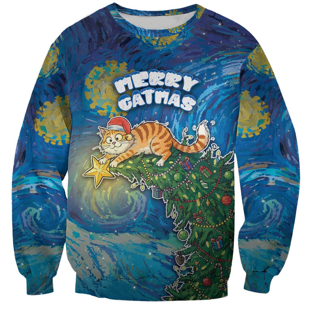 Merry Catmas Sweatshirt Cat Hanging On Xmas Tree - Wonder Print Shop