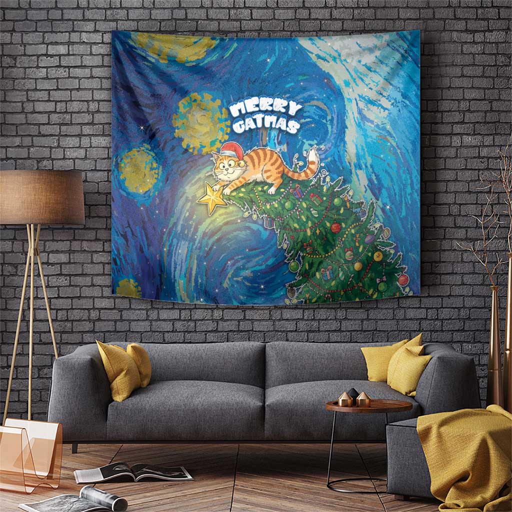 Merry Catmas Tapestry Cat Hanging On Xmas Tree - Wonder Print Shop