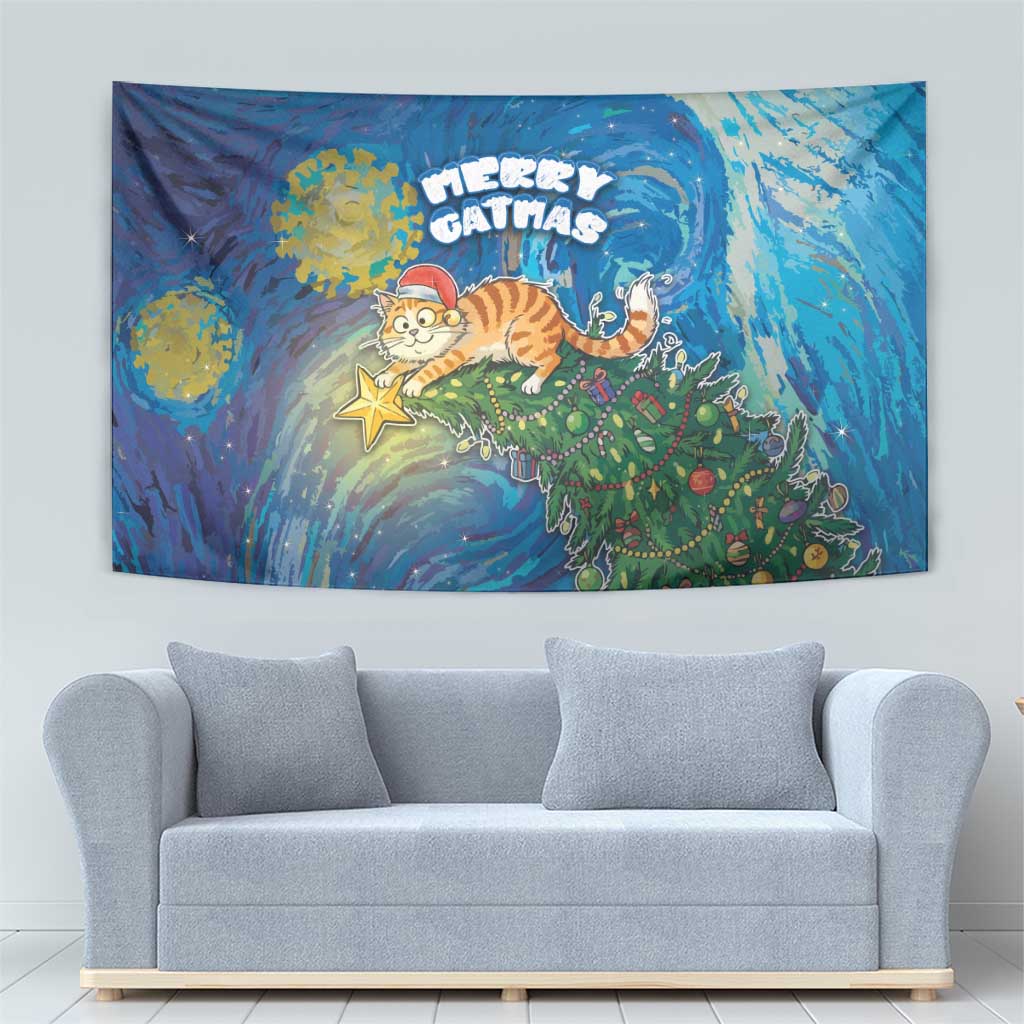 Merry Catmas Tapestry Cat Hanging On Xmas Tree - Wonder Print Shop