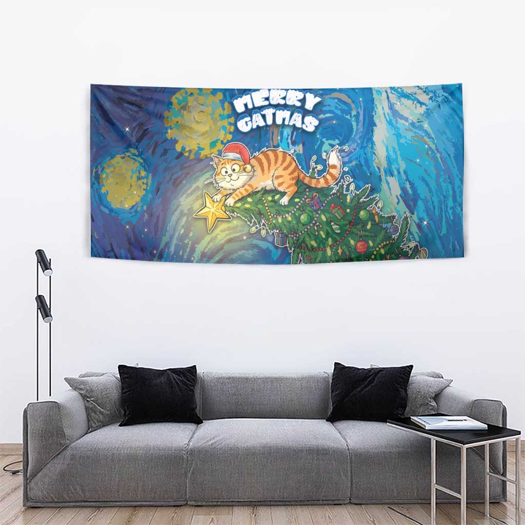 Merry Catmas Tapestry Cat Hanging On Xmas Tree - Wonder Print Shop