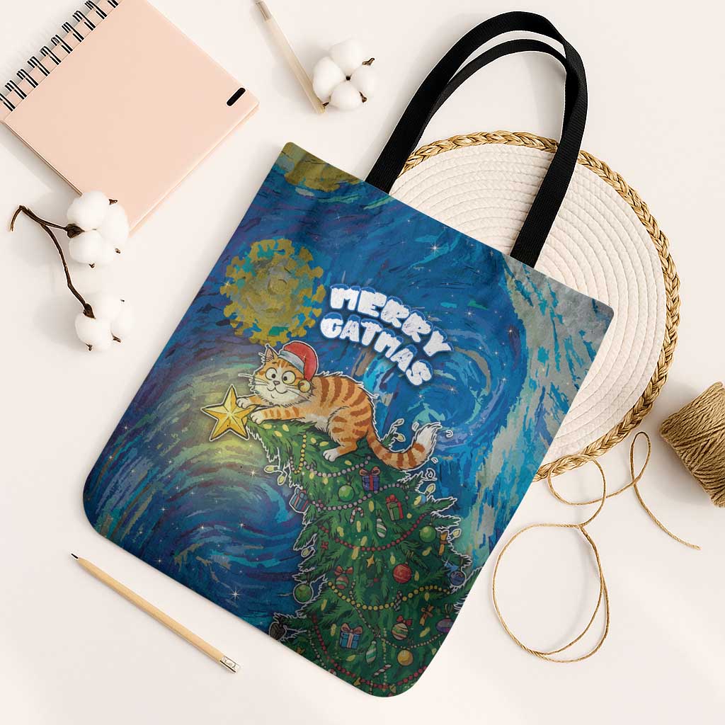 Merry Catmas Tote Bag Cat Hanging On Xmas Tree - Wonder Print Shop