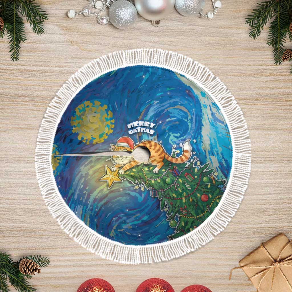 Merry Catmas Tree Skirt Cat Hanging On Xmas Tree - Wonder Print Shop