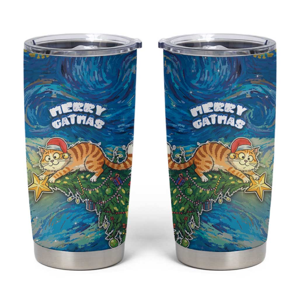 Merry Catmas Tumbler Cup Cat Hanging On Xmas Tree - Wonder Print Shop