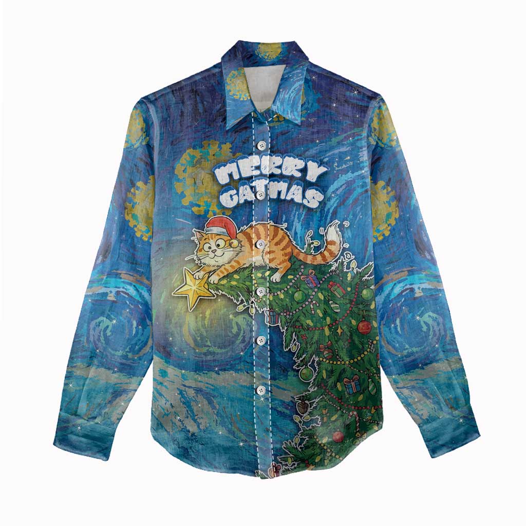 Merry Catmas Women Casual Shirt Cat Hanging On Xmas Tree - Wonder Print Shop