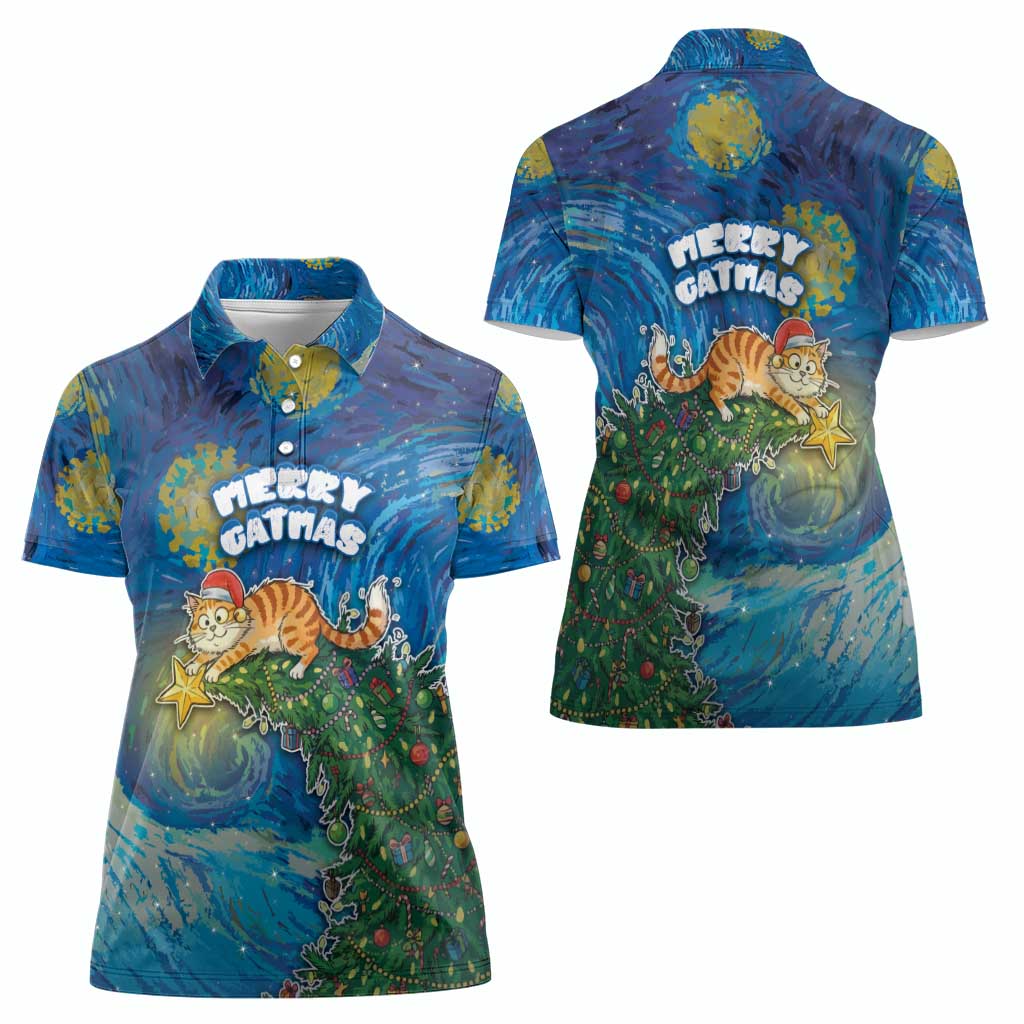 Merry Catmas Women Polo Shirt Cat Hanging On Xmas Tree - Wonder Print Shop