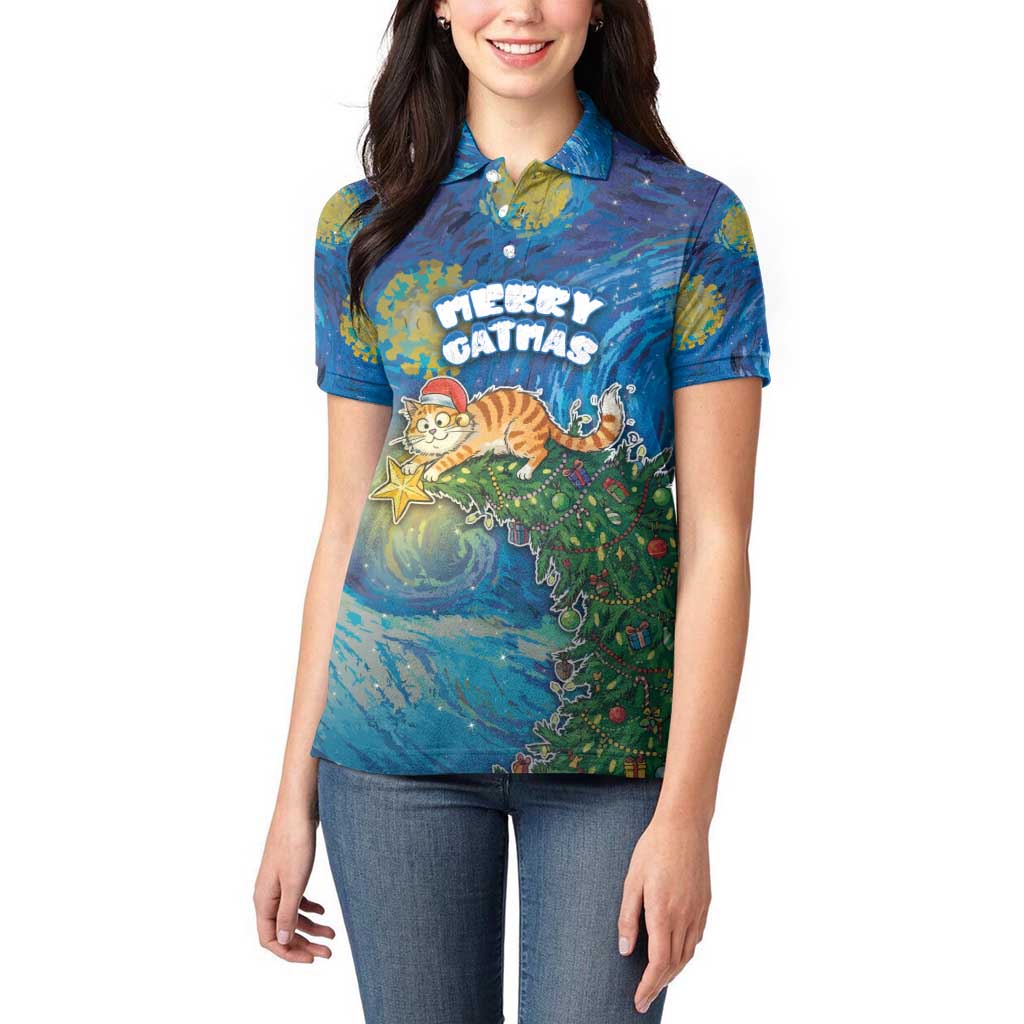 Merry Catmas Women Polo Shirt Cat Hanging On Xmas Tree - Wonder Print Shop