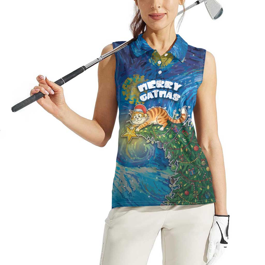 Merry Catmas Women Sleeveless Polo Shirt Cat Hanging On Xmas Tree - Wonder Print Shop