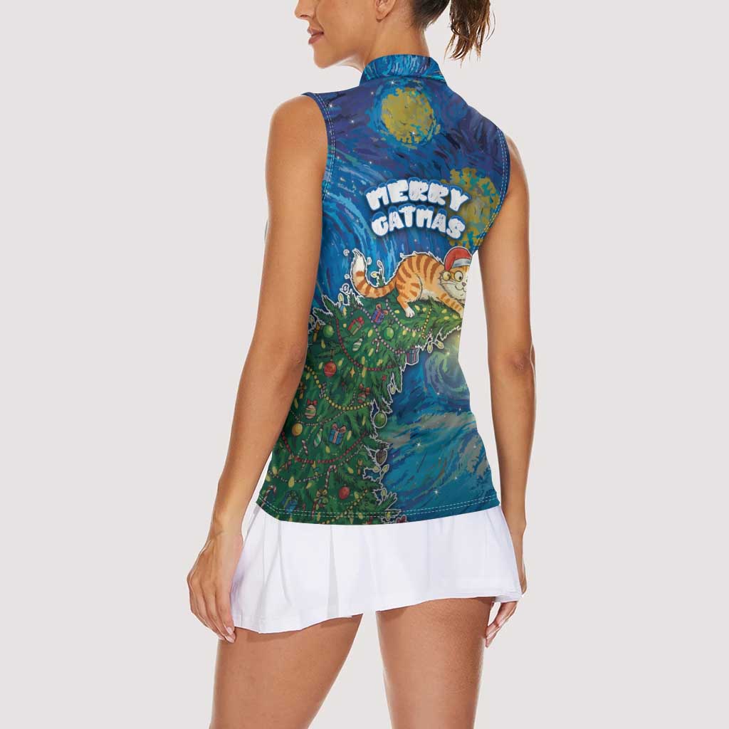 Merry Catmas Women Sleeveless Polo Shirt Cat Hanging On Xmas Tree - Wonder Print Shop