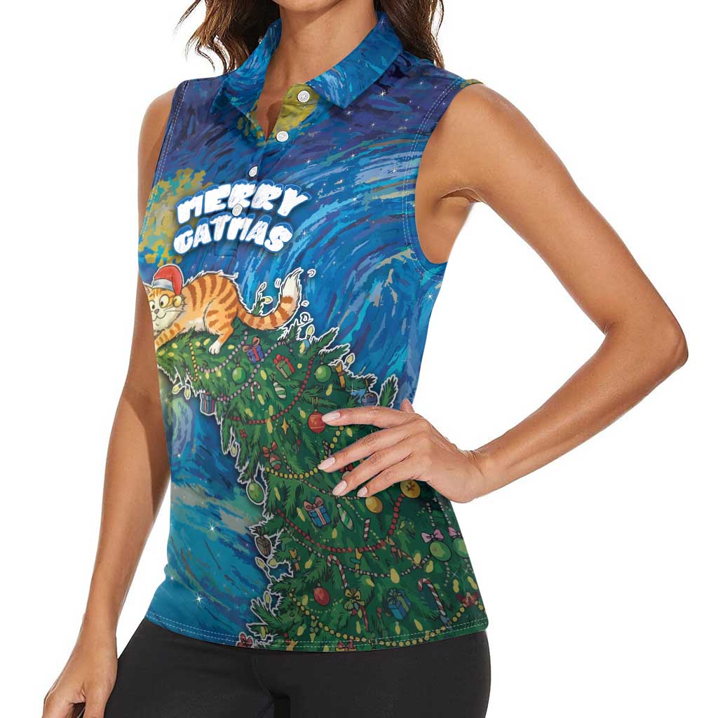 Merry Catmas Women Sleeveless Polo Shirt Cat Hanging On Xmas Tree - Wonder Print Shop