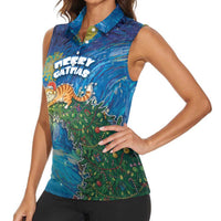 Merry Catmas Women Sleeveless Polo Shirt Cat Hanging On Xmas Tree - Wonder Print Shop