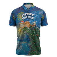 Merry Catmas Zipper Polo Shirt Cat Hanging On Xmas Tree - Wonder Print Shop