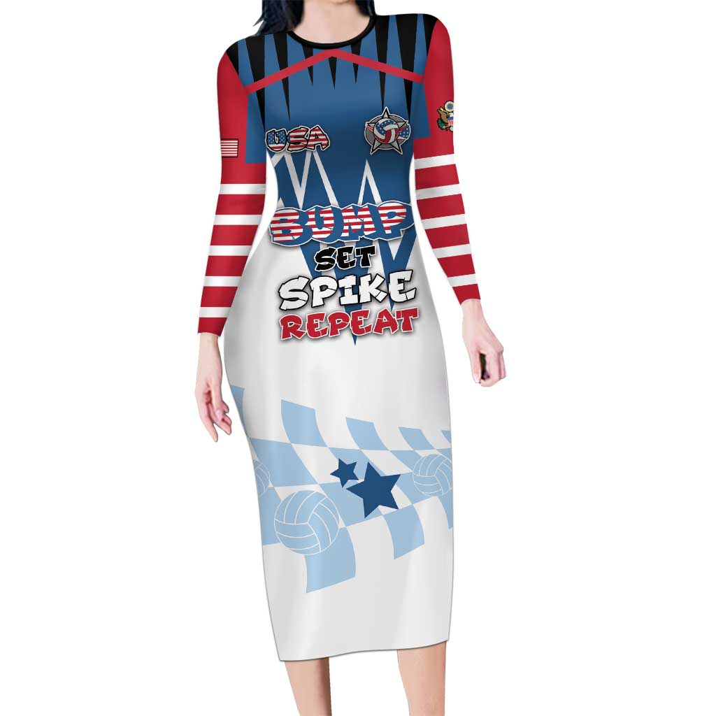Custom USA Volleyball Long Sleeve Bodycon Dress Bump Set Spike Repeat