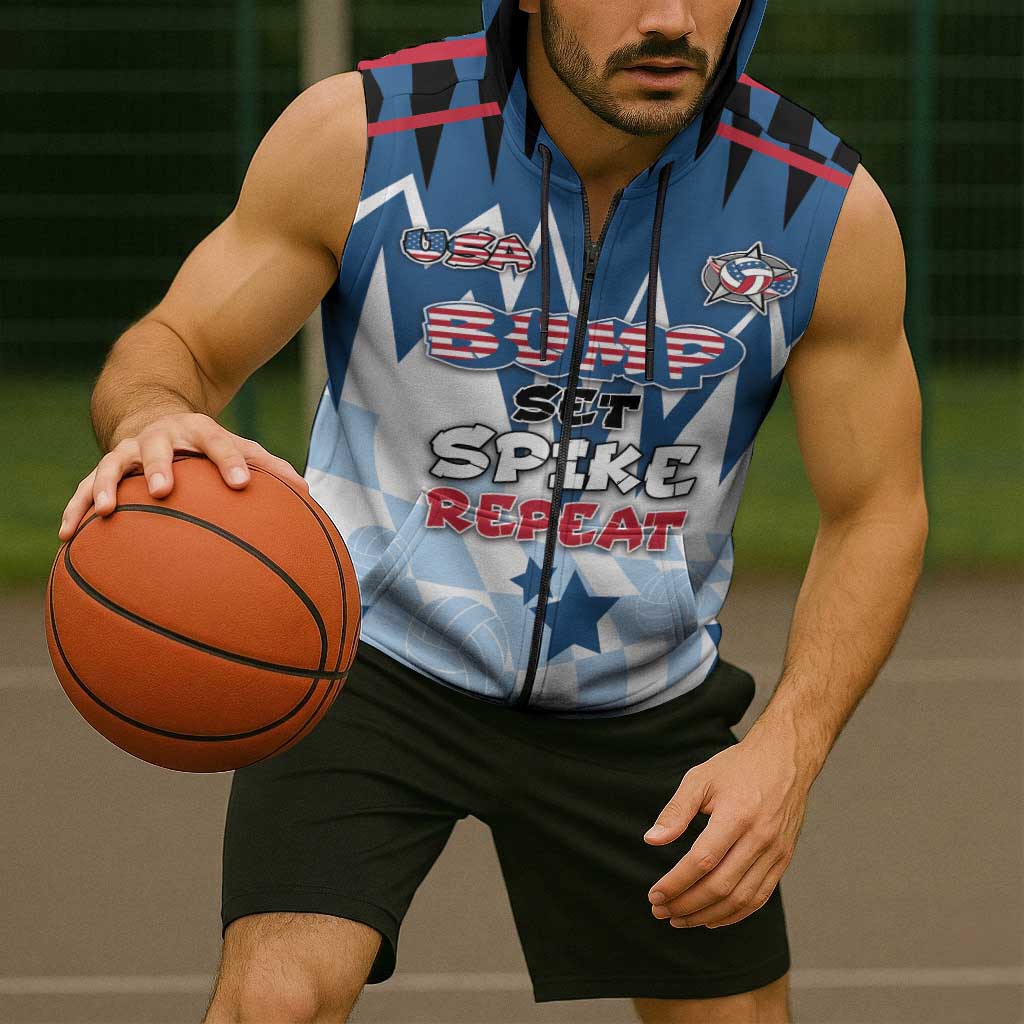 Custom USA Volleyball Sleeveless Zip Hoodie Bump Set Spike Repeat