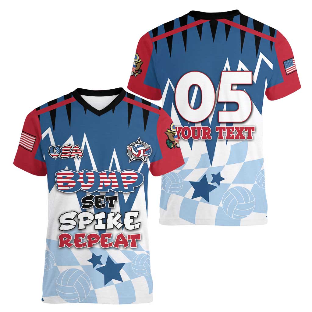 Custom USA Volleyball Women V-Neck T-Shirt Bump Set Spike Repeat