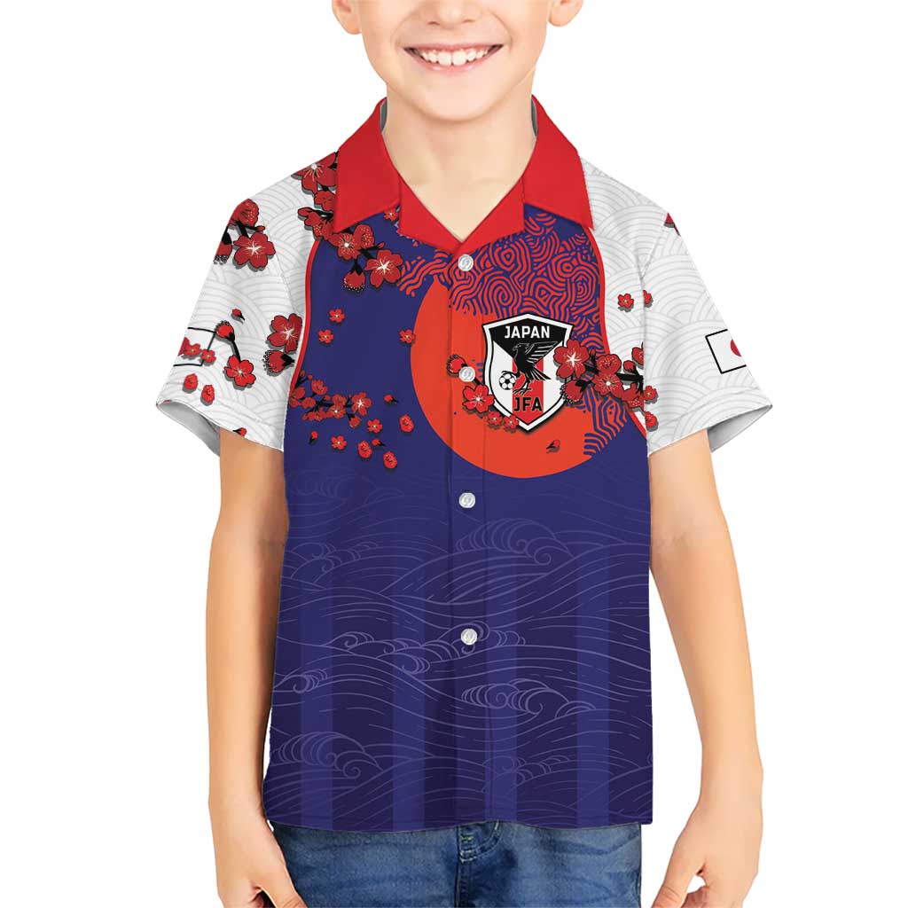 Custom Japan Football Kid Hawaiian Shirt Minimalist Floral Great Wave Ukiyo-e Style