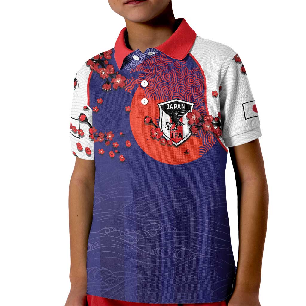 Custom Japan Football Kid Polo Shirt Minimalist Floral Great Wave Ukiyo-e Style