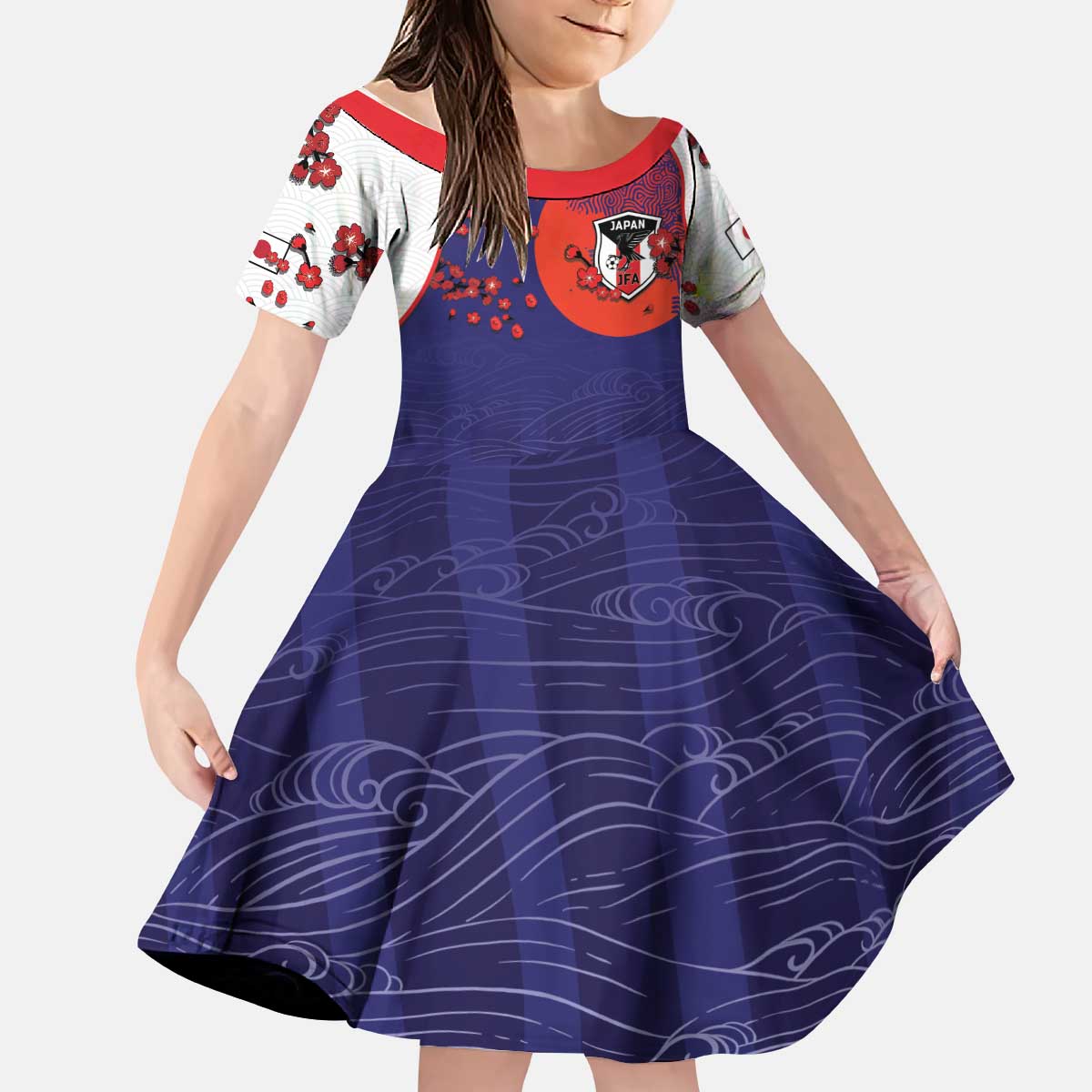 Custom Japan Football Kid Short Sleeve Dress Minimalist Floral Great Wave Ukiyo-e Style