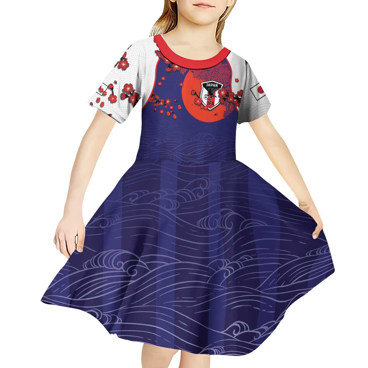 Custom Japan Football Kid Short Sleeve Dress Minimalist Floral Great Wave Ukiyo-e Style