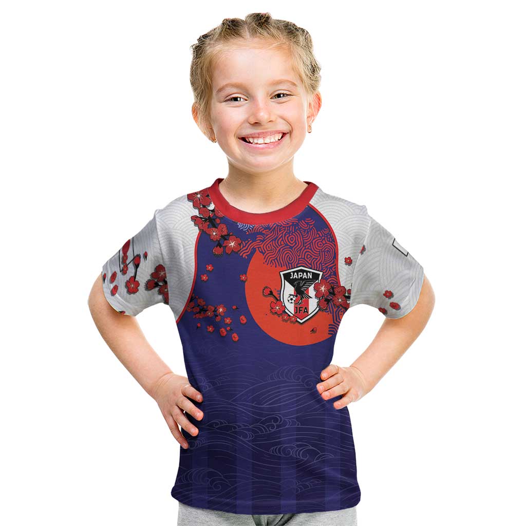 Custom Japan Football Kid T Shirt Minimalist Floral Great Wave Ukiyo-e Style