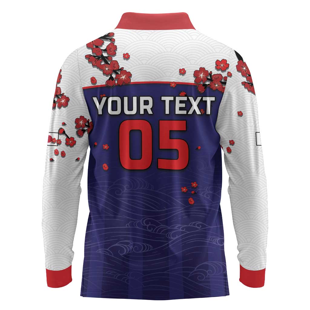 Custom Japan Football Long Sleeve Polo Shirt Minimalist Floral Great Wave Ukiyo-e Style