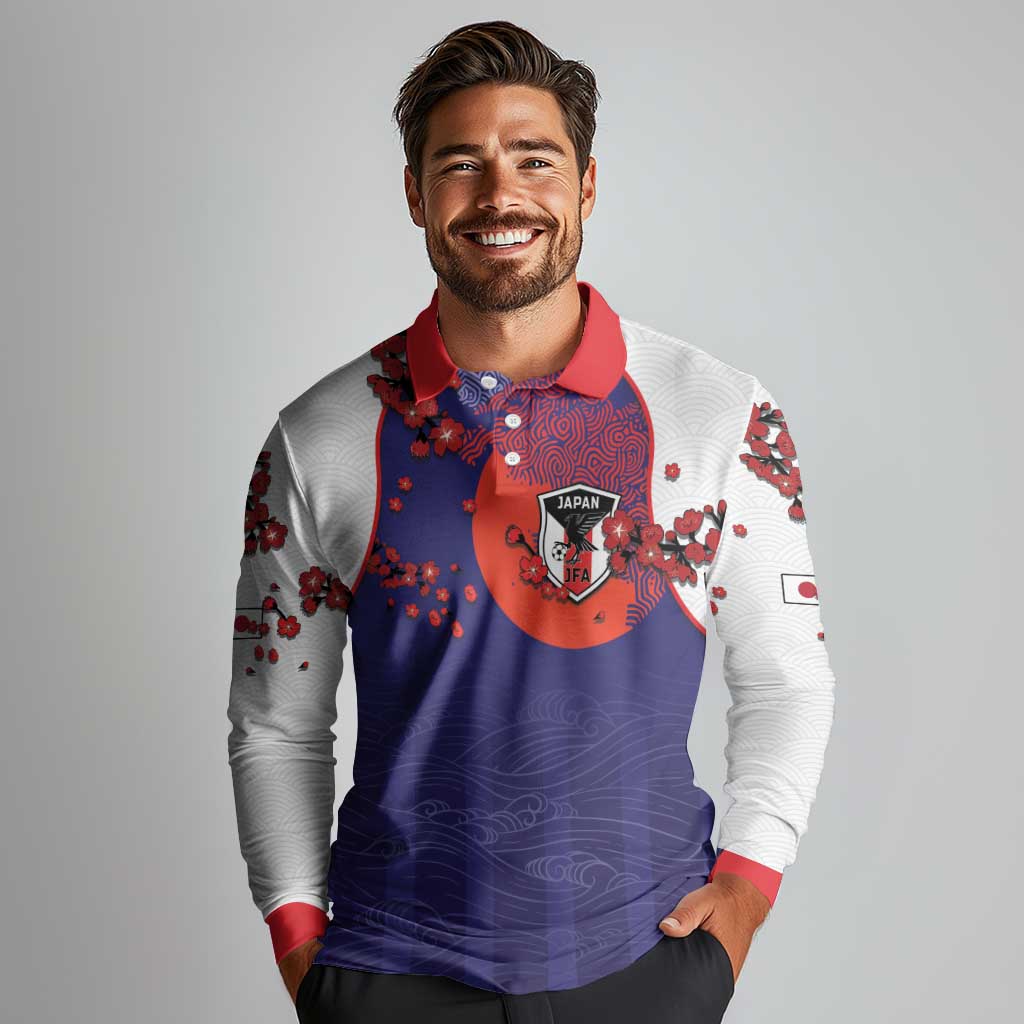 Custom Japan Football Long Sleeve Polo Shirt Minimalist Floral Great Wave Ukiyo-e Style