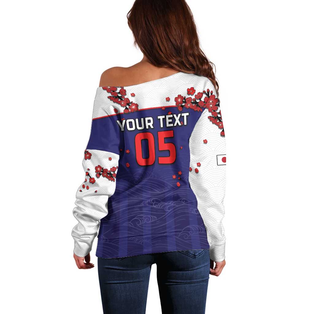 Custom Japan Football Off Shoulder Sweater Minimalist Floral Great Wave Ukiyo-e Style