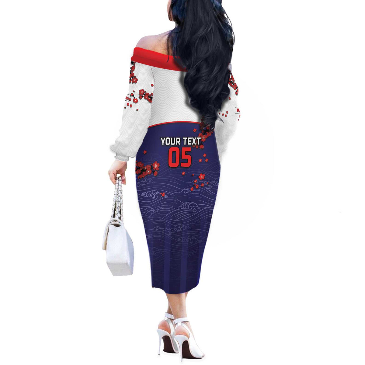 Custom Japan Football Off The Shoulder Long Sleeve Dress Minimalist Floral Great Wave Ukiyo-e Style