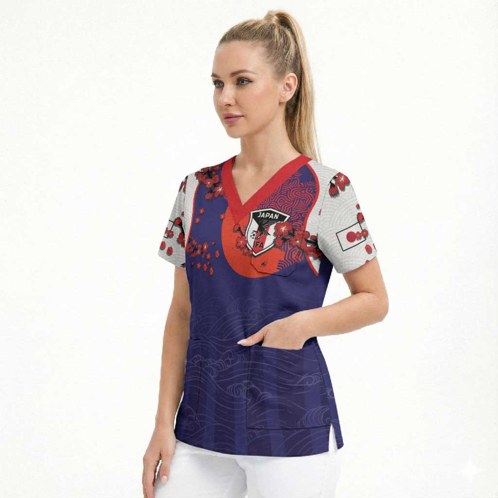 Custom Japan Football Scrub Top Minimalist Floral Great Wave Ukiyo-e Style