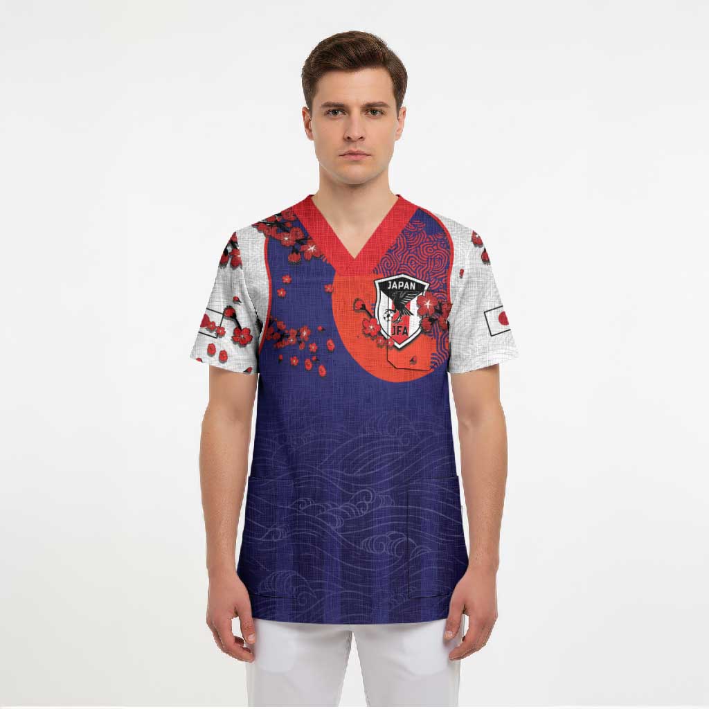 Custom Japan Football Scrub Top Minimalist Floral Great Wave Ukiyo-e Style