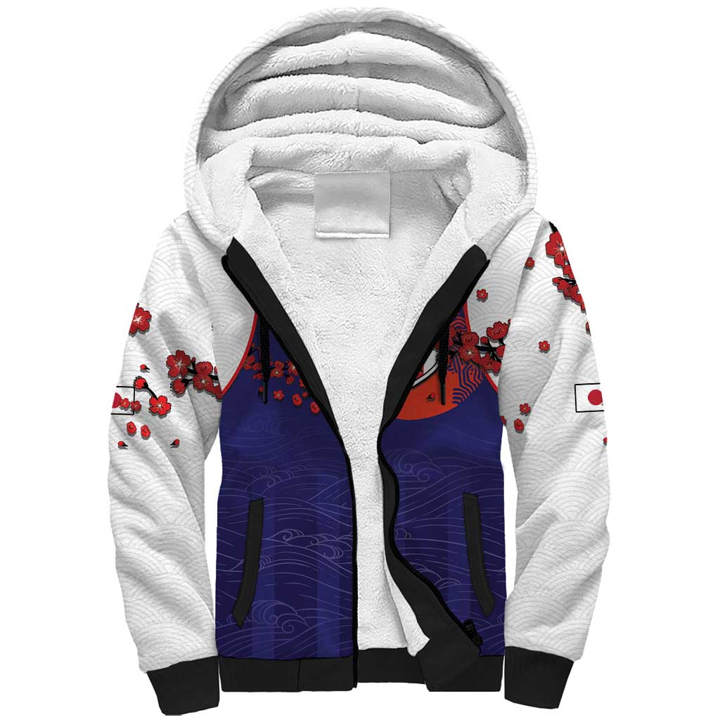 Custom Japan Football Sherpa Hoodie Minimalist Floral Great Wave Ukiyo-e Style