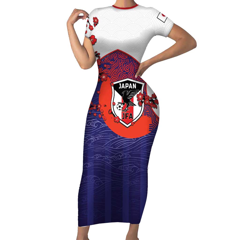 Custom Japan Football Short Sleeve Bodycon Dress Minimalist Floral Great Wave Ukiyo-e Style