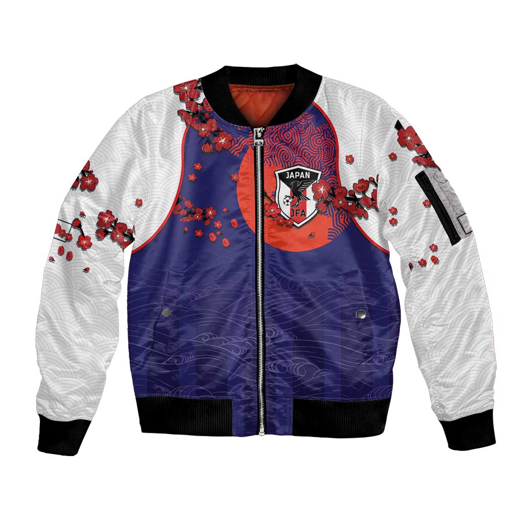 Custom Japan Football Sleeve Zip Bomber Jacket Minimalist Floral Great Wave Ukiyo-e Style
