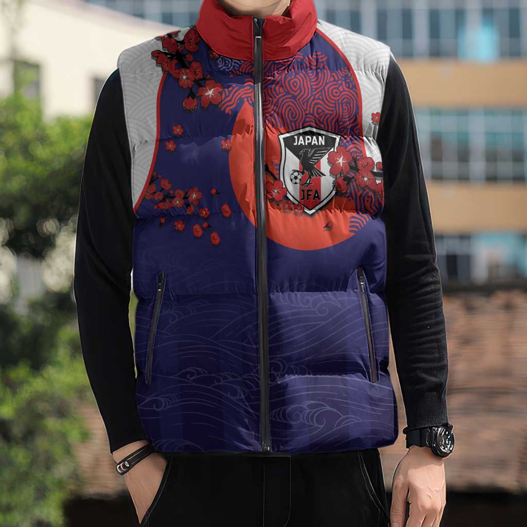Custom Japan Football Sleeveless Puffer Jacket Minimalist Floral Great Wave Ukiyo-e Style