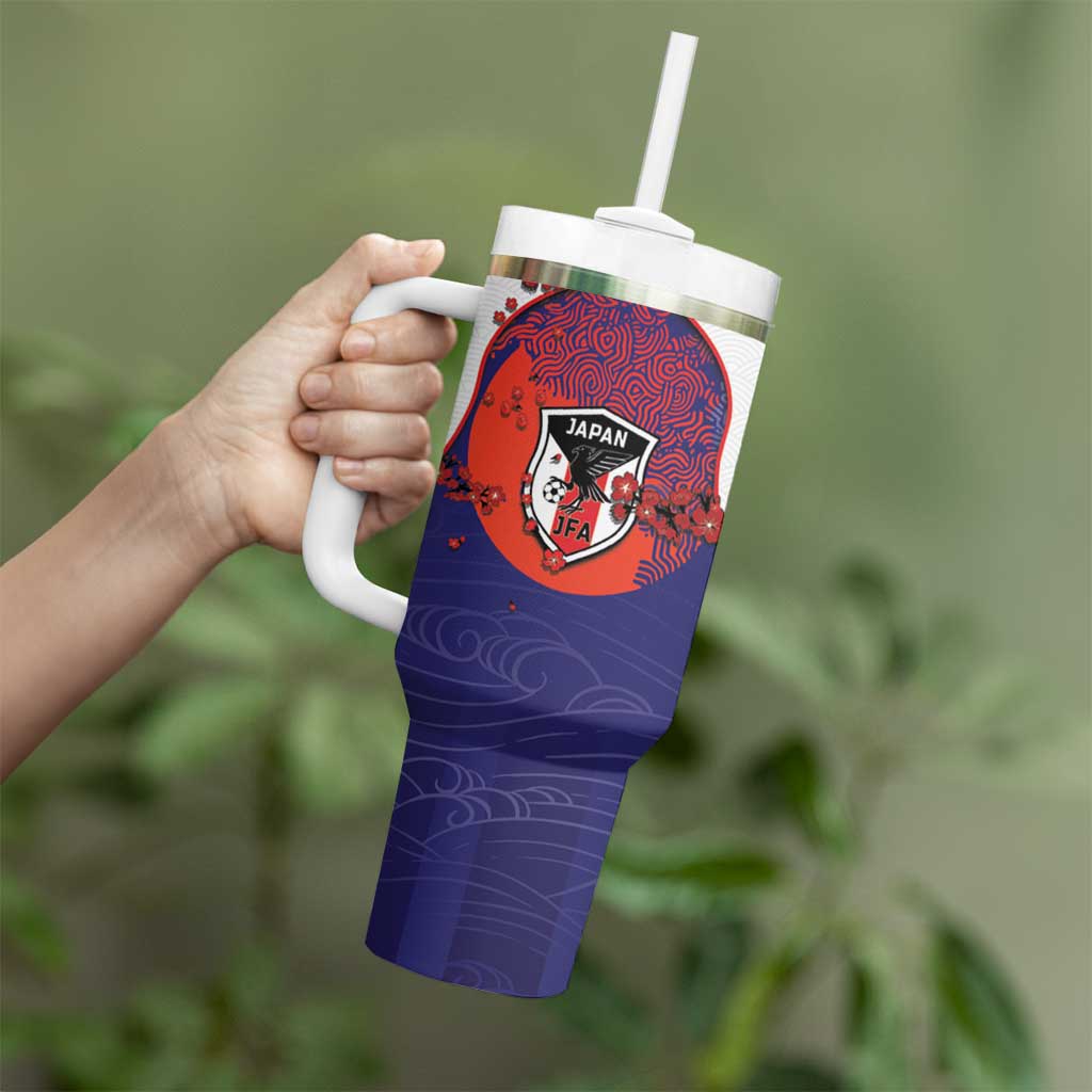 Custom Japan Football Tumbler With Handle Minimalist Floral Great Wave Ukiyo-e Style