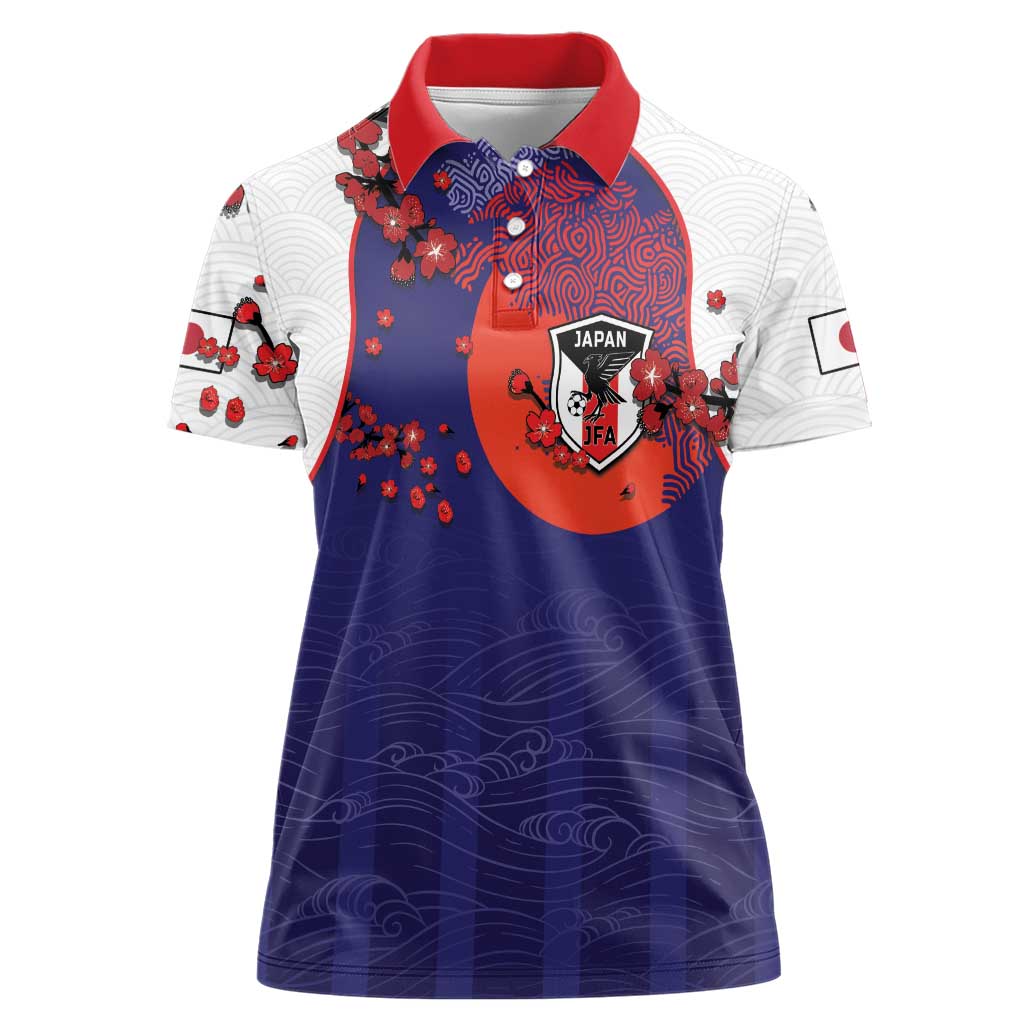Custom Japan Football Women Polo Shirt Minimalist Floral Great Wave Ukiyo-e Style