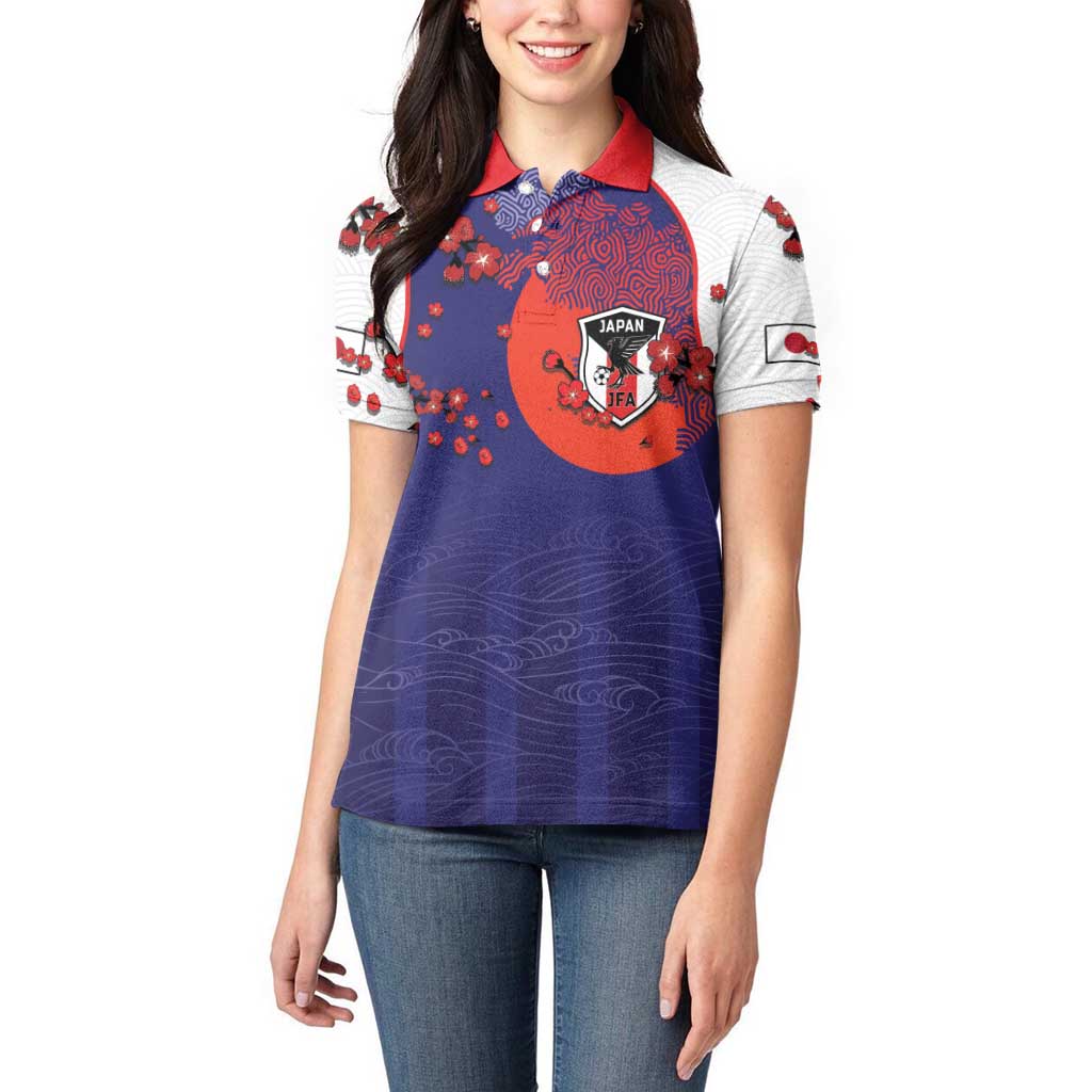 Custom Japan Football Women Polo Shirt Minimalist Floral Great Wave Ukiyo-e Style