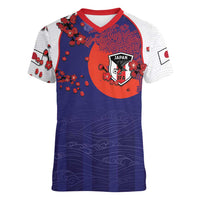 Custom Japan Football Women V-Neck T-Shirt Minimalist Floral Great Wave Ukiyo-e Style