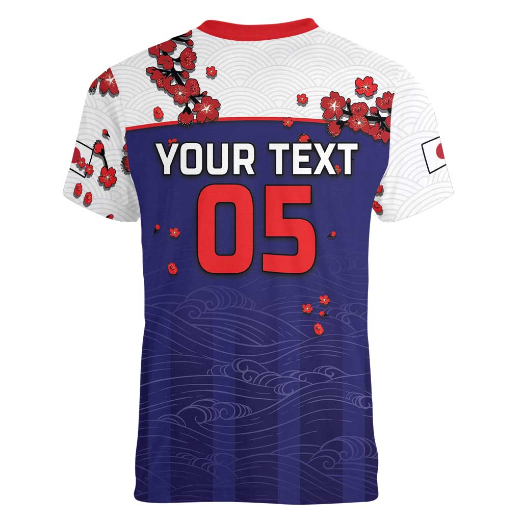 Custom Japan Football Women V-Neck T-Shirt Minimalist Floral Great Wave Ukiyo-e Style