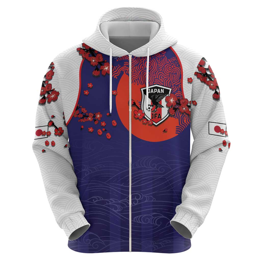 Custom Japan Football Zip Hoodie Minimalist Floral Great Wave Ukiyo-e Style