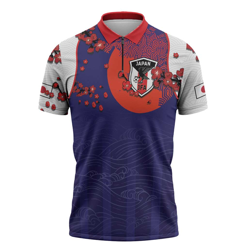 Custom Japan Football Zipper Polo Shirt Minimalist Floral Great Wave Ukiyo-e Style