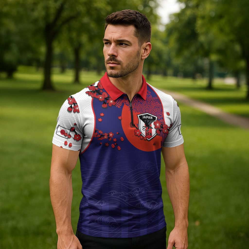 Custom Japan Football Zipper Polo Shirt Minimalist Floral Great Wave Ukiyo-e Style