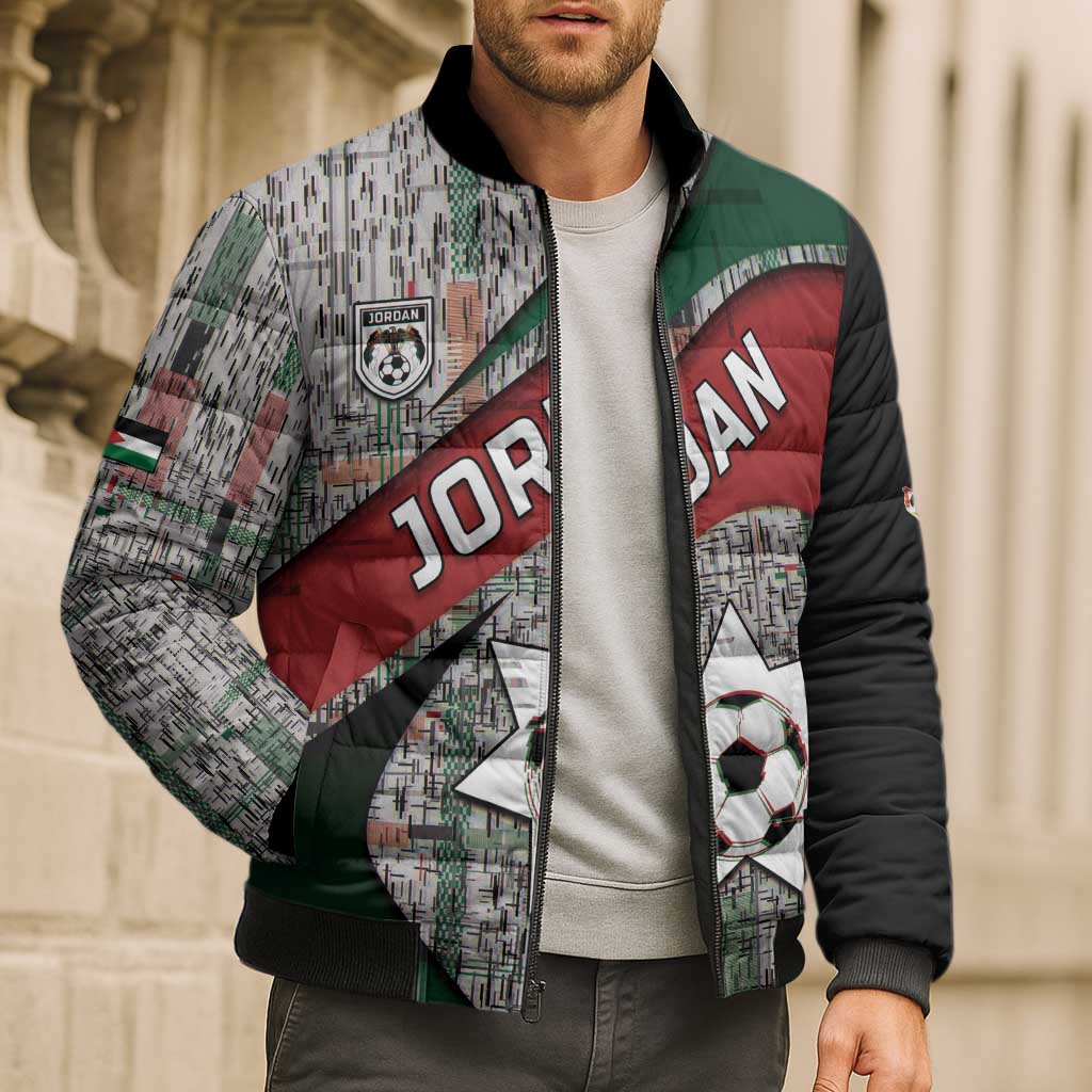 Custom Jordan Football Bomber Puffer Jacket Jordanian National Flag Colors Retro Glitch Art