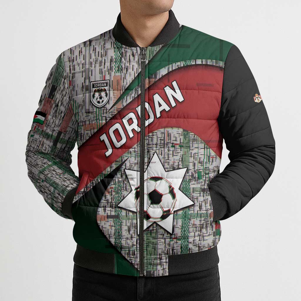 Custom Jordan Football Bomber Puffer Jacket Jordanian National Flag Colors Retro Glitch Art