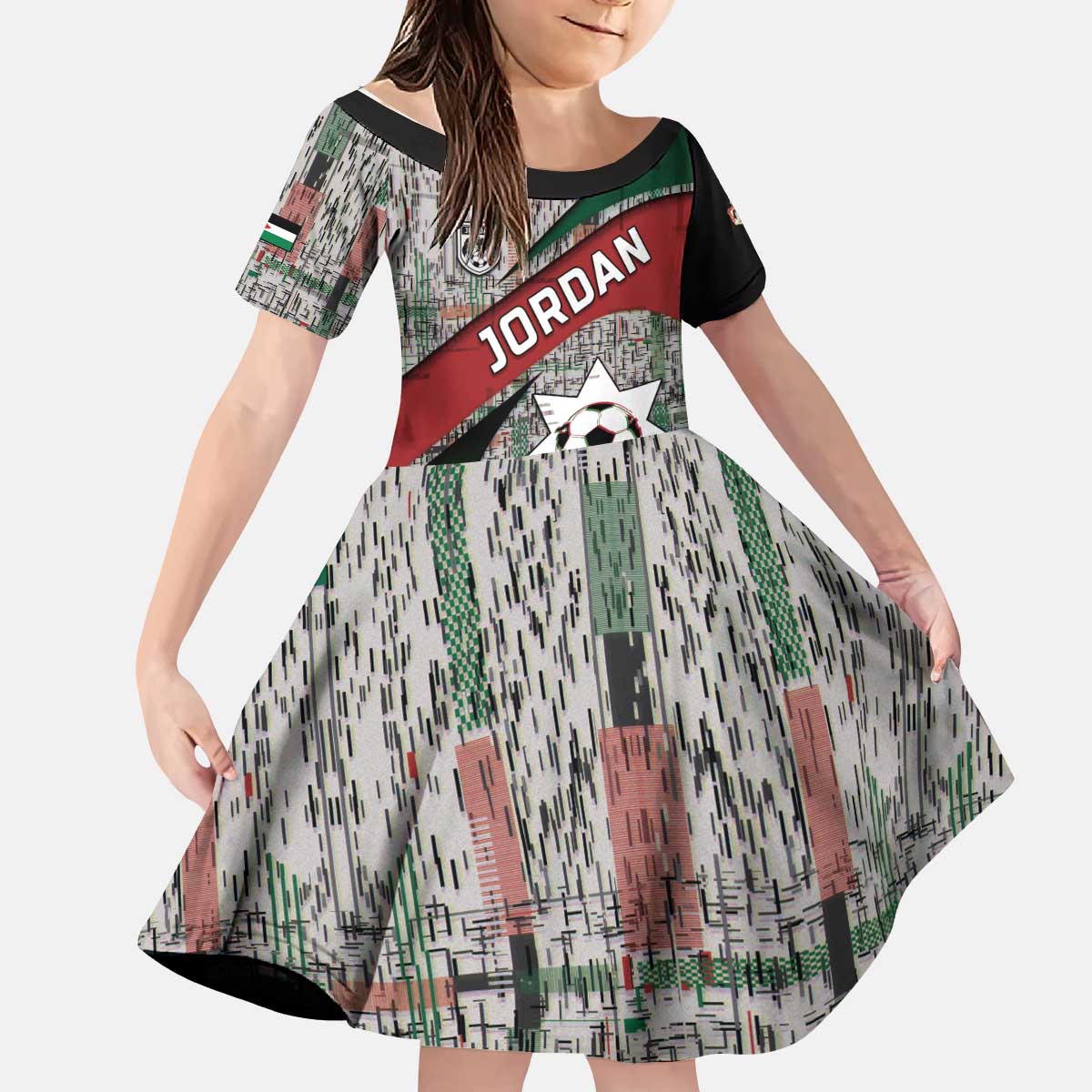 Custom Jordan Football Kid Short Sleeve Dress Jordanian National Flag Colors Retro Glitch Art