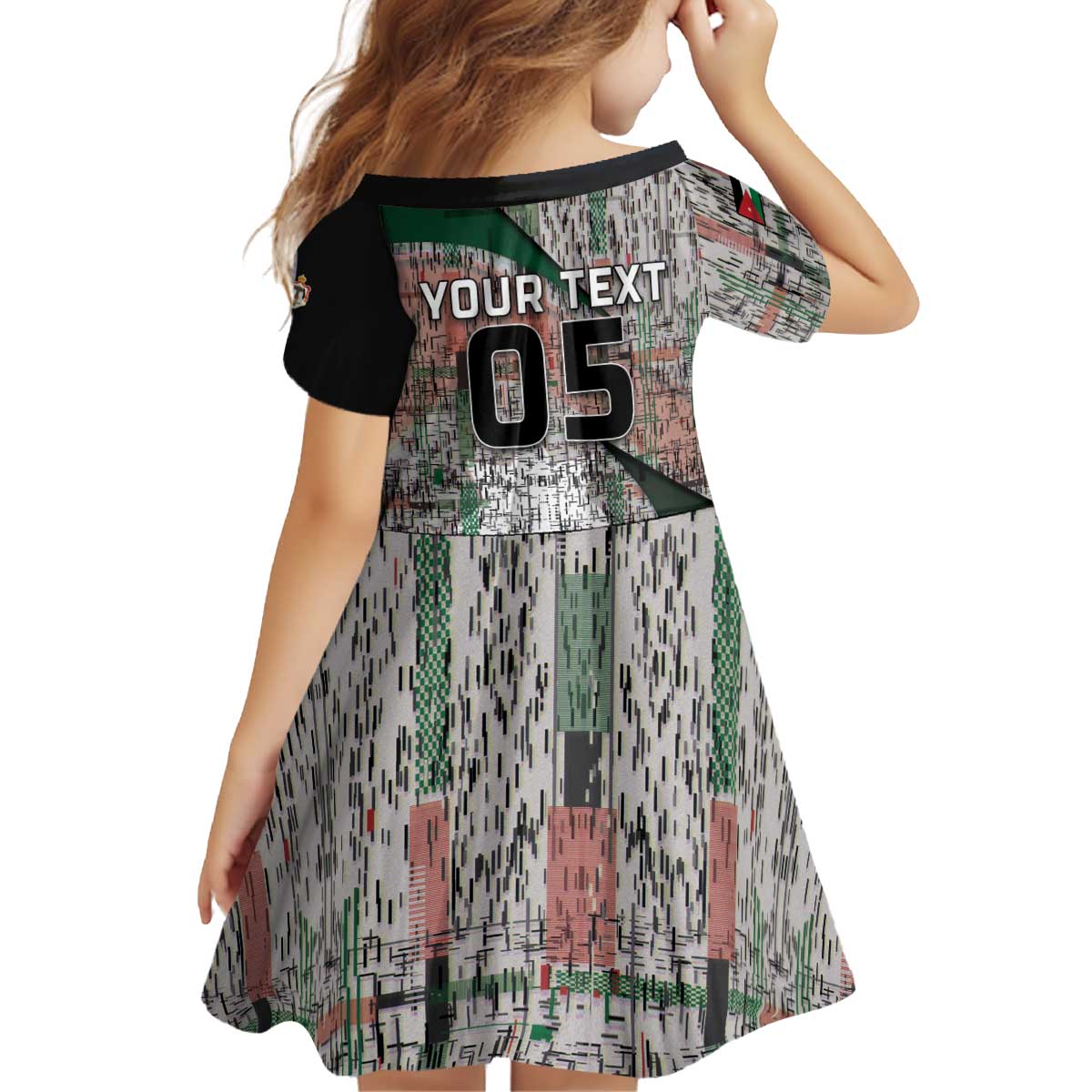 Custom Jordan Football Kid Short Sleeve Dress Jordanian National Flag Colors Retro Glitch Art