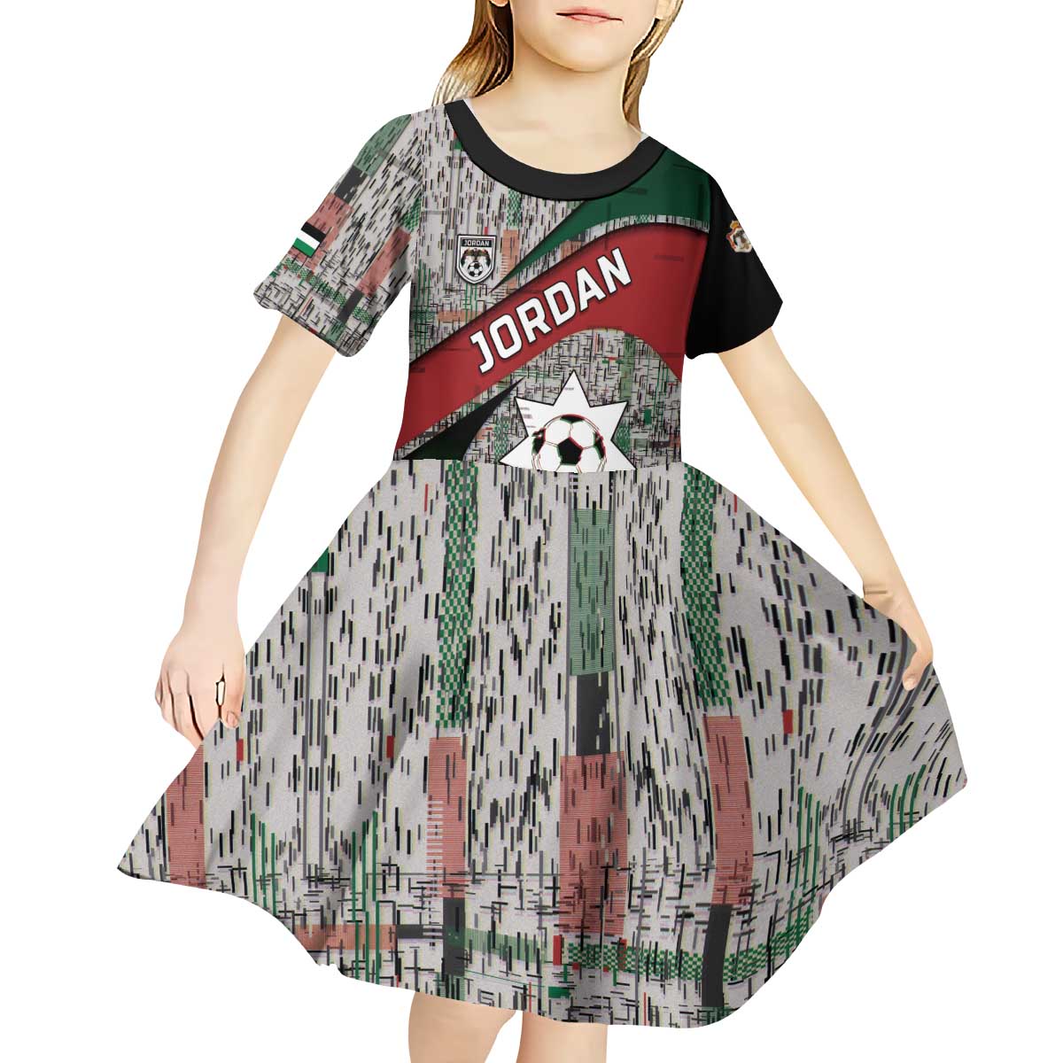 Custom Jordan Football Kid Short Sleeve Dress Jordanian National Flag Colors Retro Glitch Art