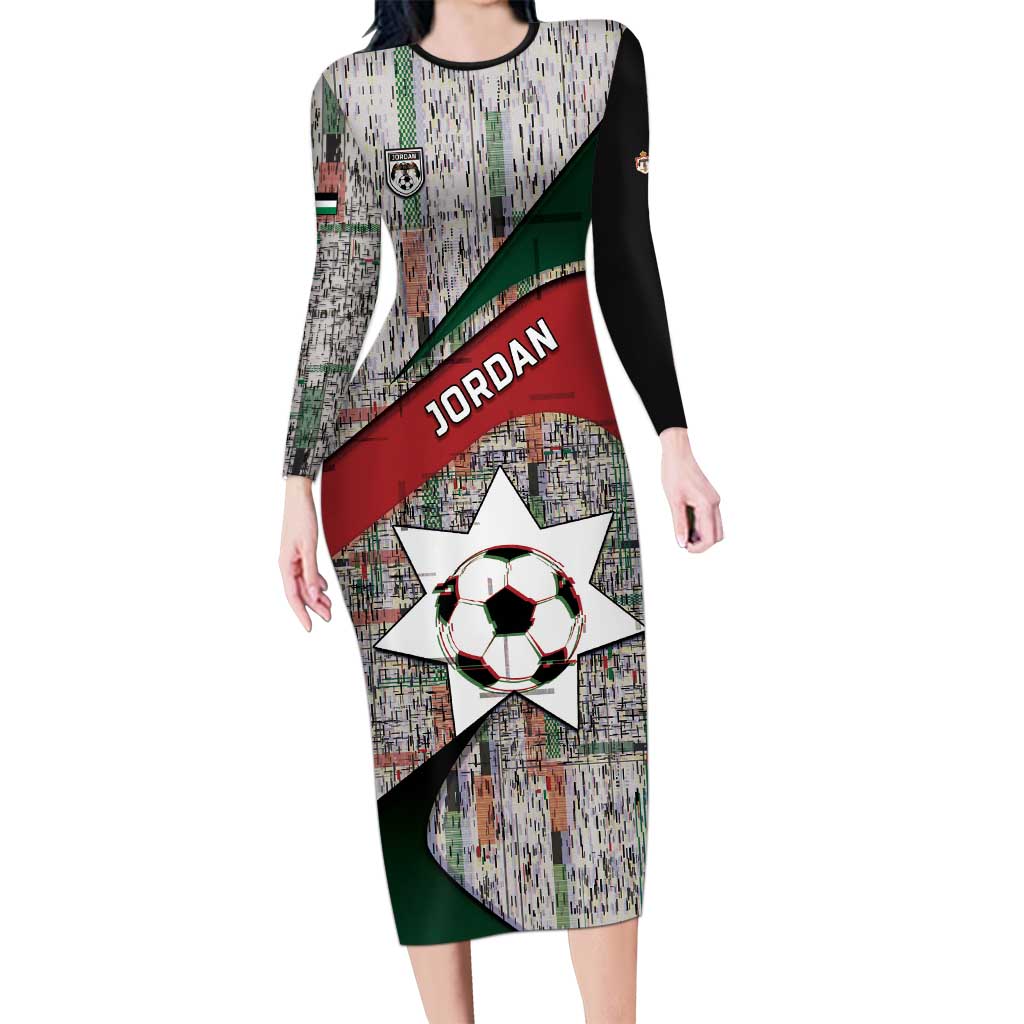 Custom Jordan Football Long Sleeve Bodycon Dress Jordanian National Flag Colors Retro Glitch Art
