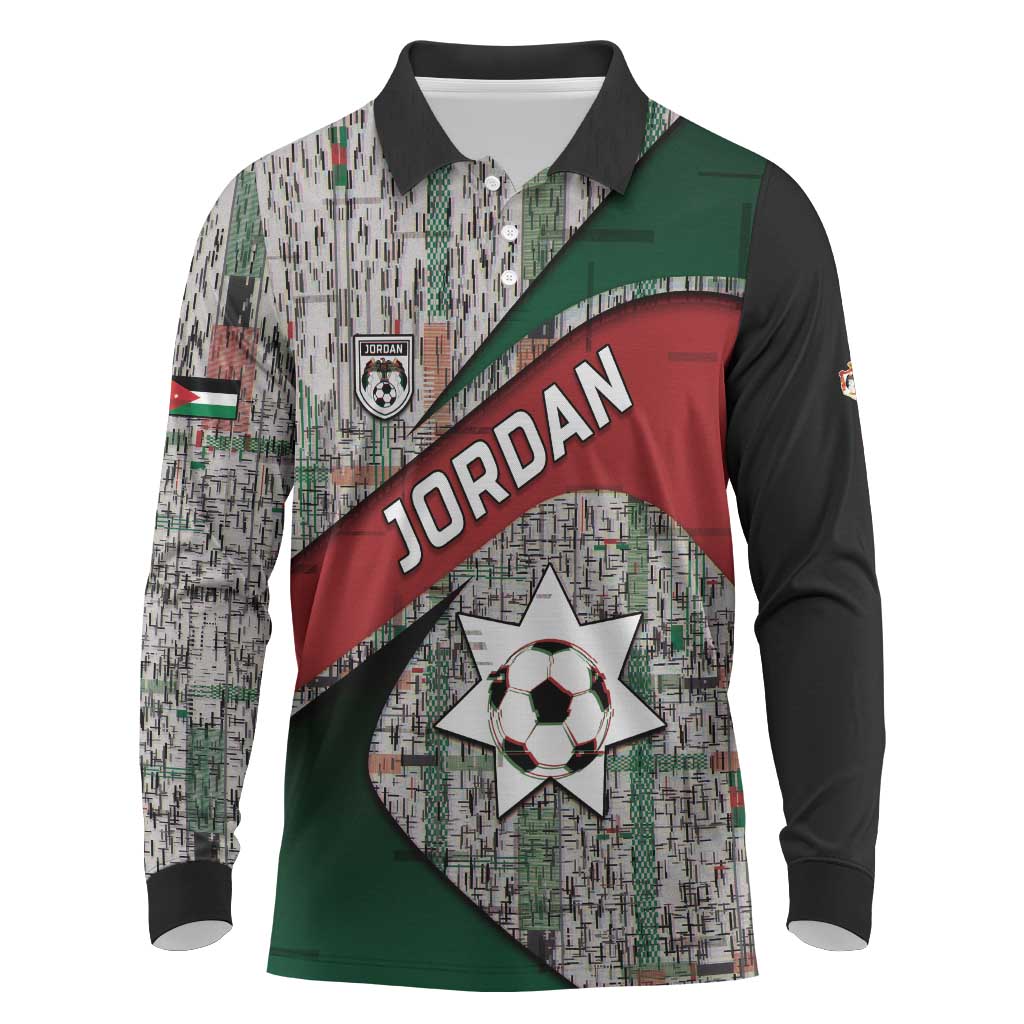 Custom Jordan Football Long Sleeve Polo Shirt Jordanian National Flag Colors Retro Glitch Art