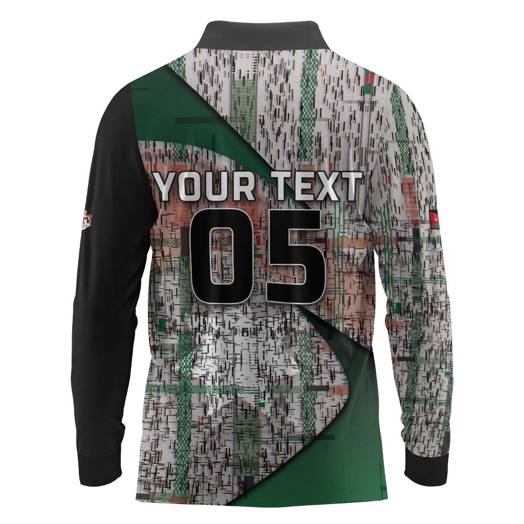 Custom Jordan Football Long Sleeve Polo Shirt Jordanian National Flag Colors Retro Glitch Art