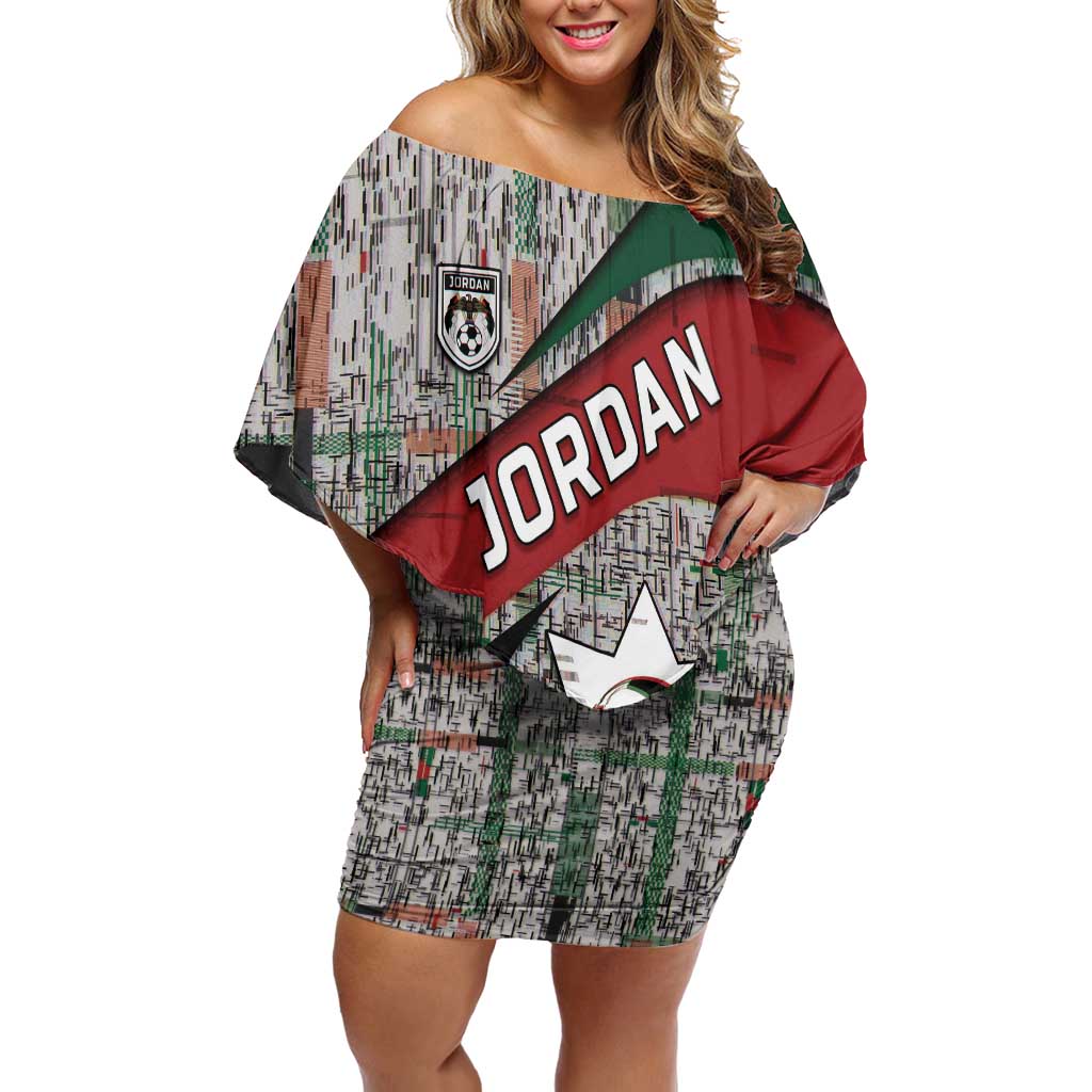 Custom Jordan Football Off Shoulder Short Dress Jordanian National Flag Colors Retro Glitch Art